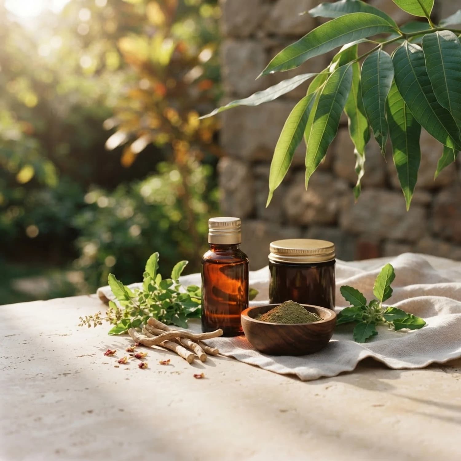 Herbs and oils in soft light
