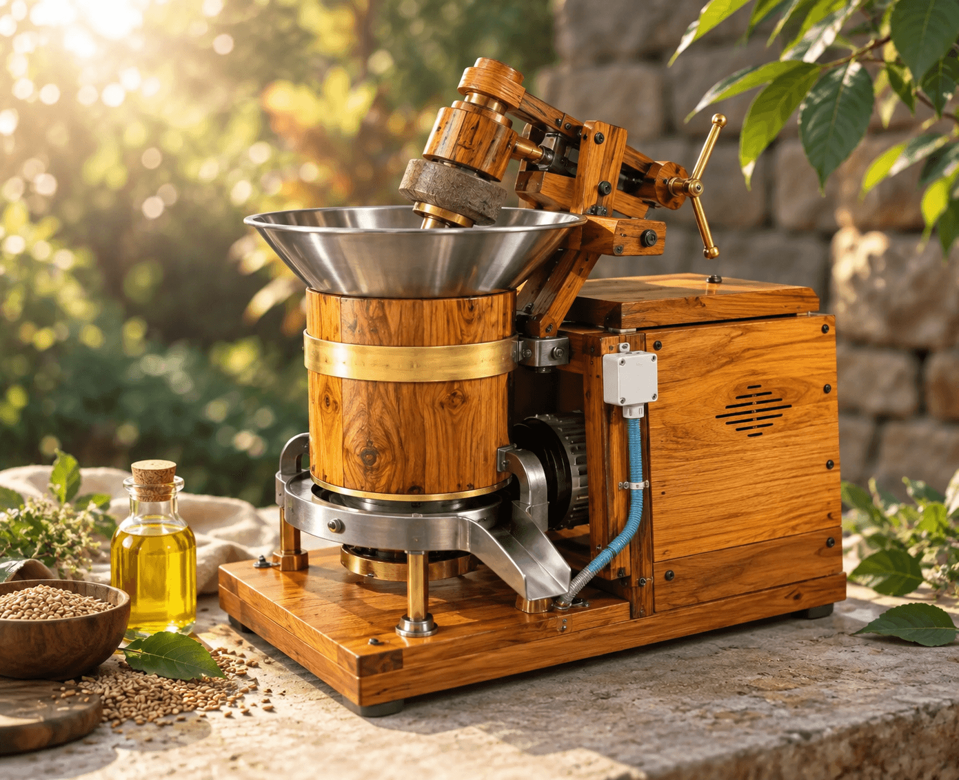 The traditional wooden oil press used to prepare Tej Shree oils