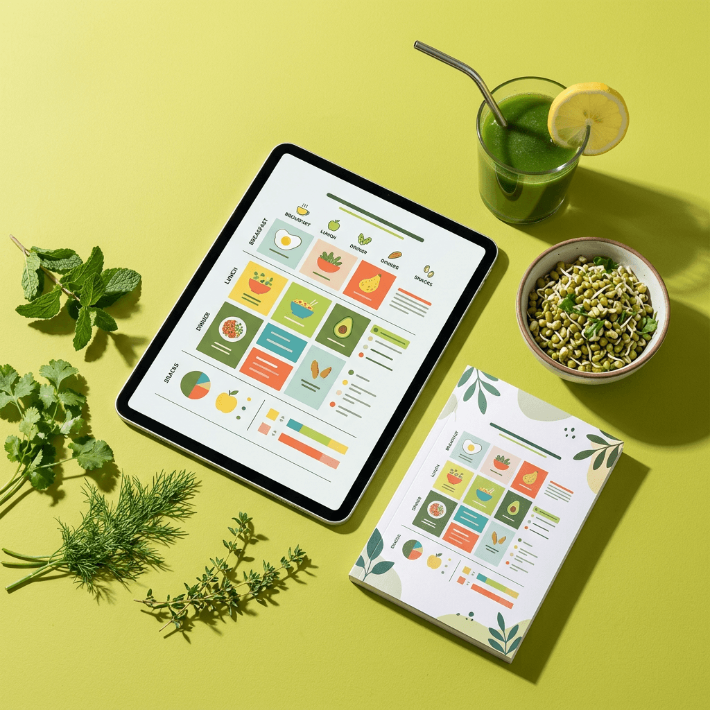 Healthy meal plan booklet and tablet with fresh herbs on a lime background