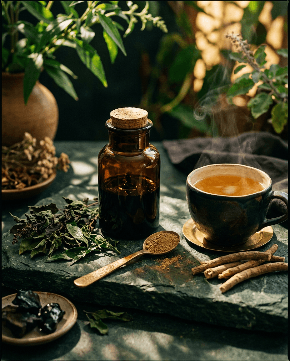 Shilajit resin, herbal powders, dried herbs and a cup of herbal tea