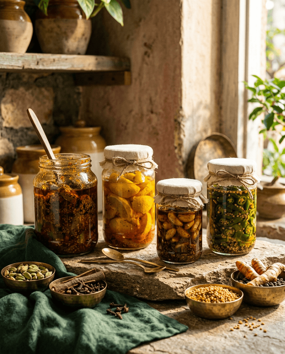 Jars of homemade Indian pickles with whole spices in brass bowls