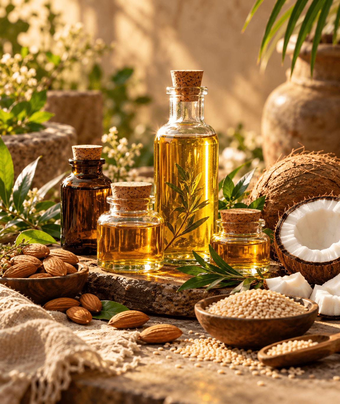 Tej Shree wood-pressed almond oil bottle with almonds and leaves